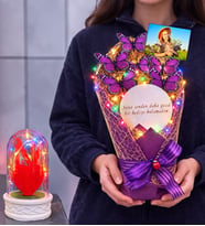 Size Özel Fotoğraflı Renkli Led Işıklı Aynalı Kelebek Buketi & Renkli Led Işıklı Fanuslu (Model 7)