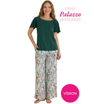 Seamlife Kadın Geniş Dantel Detay Yaka Viskon Kısa Kol Palazzo Dokuma Cepli Alt-Geniş Paça Cepli Homewear (Yeşil)