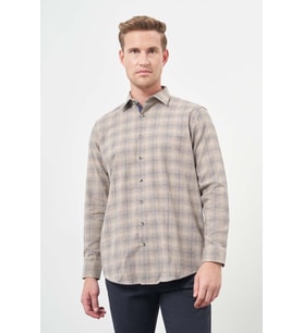 Camel Uzun Kol Ekose Desen Gabardin Sert Yaka Cepsiz Pamuklu Classic Comfort Fit Gömlek 1004245165