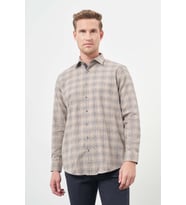 Camel Uzun Kol Ekose Desen Gabardin Sert Yaka Cepsiz Pamuklu Classic Comfort Fit Gömlek 1004245165