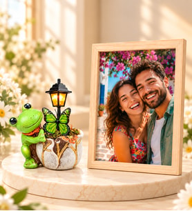 Kişiye Özel Fotoğraflı Ahşap Çerçeve ve Sevimli Yeşil Kurbağa Masa Lambası Hediye Seti