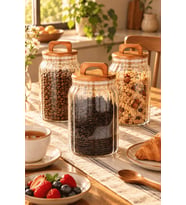 Atbyhome 3'lü Kulplu Ahşap Kapaklı Çizgili Borosilikat Cam Kavanoz Seti 1600 ml - Vakumlu Büyük Boy Erzak Kabı