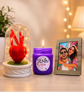 Kişiye Özel Fotoğraflı LED Işıklı Fanus (kalpli) ve Kokulu Cam Mum Hediye Seti
