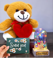 Kalpli Sevimli Peluş Ayıcık ve Kişiye Özel Renkli Led Işıklı Fanus Unicorn