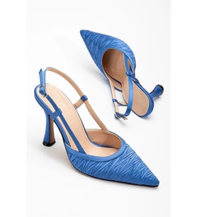Arkası Açık Saten Özel Tasarım Stiletto (Mavi)