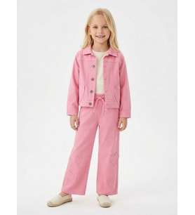 Kız Çocuk Kalp Detaylı Üçlü Takım (Ceket + Bluz + Pantolon) (Pembe)