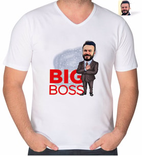 BK Gift Kişiye Özel Erkek Big Boss Karikatürlü V Yaka Tişört-2 (Beyaz)