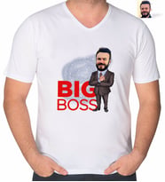 BK Gift Kişiye Özel Erkek Big Boss Karikatürlü V Yaka Tişört-2 (Beyaz)