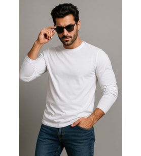 Erkek Bisiklet Yaka Beyaz Body %100 Pamuk Uzun Kollu Tişört Erkek Düz T-shirt
