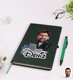 BK Gift Kişiye Özel Erkek Genel Müdür Karikatürlü Yeşil Termo Deri Defter Kalem Seti Model 1
