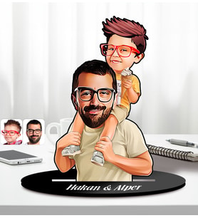 Kişiye Özel Baba Oğul Karikatürlü Ahşap Biblo Model-2 Babaya Hediye, Babalar Günü Hediyeleri