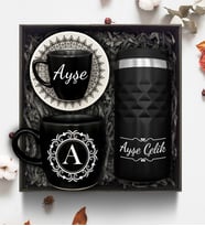 Kişiye Özel 300 ML Kristal Termos & Fincan & Kupa Hediye Seti (Siyah)