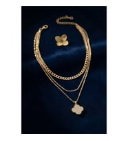 Mey İthalat® Gold Renk Pirinç Yonca Detaylı Kadın Kolye Kombini
