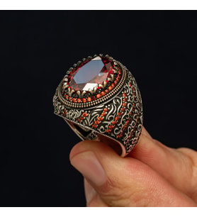 Oval Kırmızı Taşlı 925 Gümüş Erkek Yüzük
