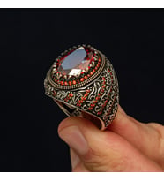 Oval Kırmızı Taşlı 925 Gümüş Erkek Yüzük
