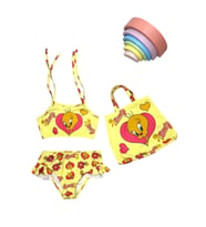 Kız Çocuk karakter Baskılı Eteği Fırfırlı- ip bağlamalı ÇANTA Mayo Bikini 3 lü Takım (Sarı)