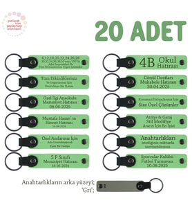 Öğretmene El Emeği Gibi Değerli, 20'li Set, Kişiye Özel Yazılı Deri Anahtarlık, Fıstık Yeşil & Gri (Fıstık Yeşili)
