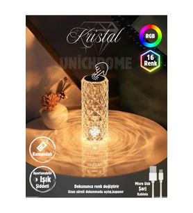 RGB LED Dokunmatik Masa Lambası, USB Şarjlı, Kristal Elmas Tasarım (Krem)