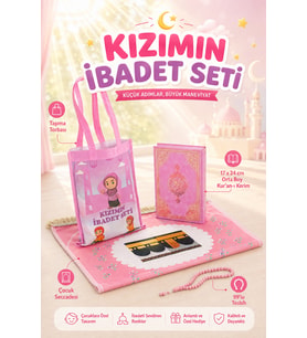 Çantalı Kız Çocuk İbadet Seti Pembe Kabe Motifli İsimli Seccade Orta Boy Kuranı Kerim Tesbihli