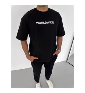 Unisex Bisiklet Yaka Baskılı Oversize T-Shirt - Siyah