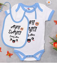 BK Kids Kişiye Özel Aynı Dayısı Tasarımlı Mavi Bebek Body Zıbın ve Mama Önlüğü Hediye Seti