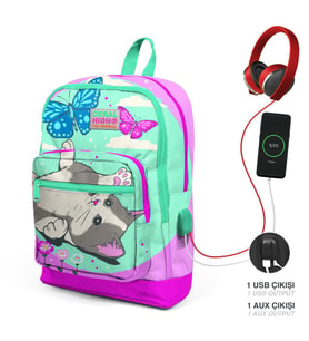 Coral High Kids Su Yeşili Pembe Kedi Desenli Dört Bölmeli USB Şarjlı Kulaklık Çıkışlı Okul Sırt Çantası 23807