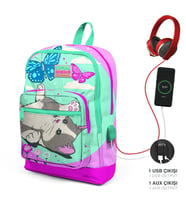 Coral High Kids Su Yeşili Pembe Kedi Desenli Dört Bölmeli USB Şarjlı Kulaklık Çıkışlı Okul Sırt Çantası 23807