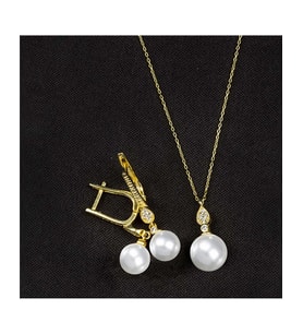 925 Ayar Zirkon Taşlı Damla Modeli Küre Gümüş İnci Set (Altın)