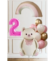 1 Yaş Doğum Günü Krem Papyonlu Ayı Pembe Gökkuşağı ve 10 Balonlu Balon Seti (02)