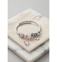 Pembe Kristal Kalp Charmlı Gümüş Renk Bileklik