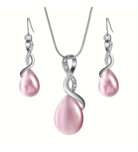 Pembe ,Beyaz Taşlı, Zirkon Taş İşlemeli Altın Kaplama(18GP) Kolye, Küpe Kedigözü Takı (Pudra Pembe)