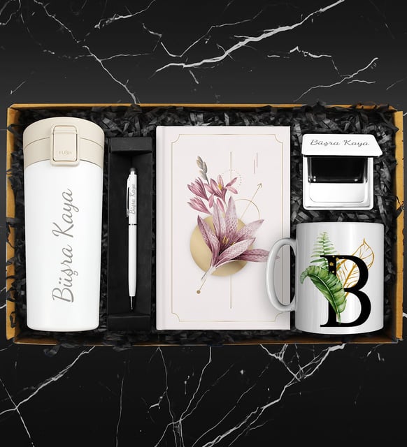 Kişiye Özel Beyaz Çelik Termos & Özel Tasarım Defter & Touch Pen Kalem & Kişiye Özel Cep Aynası & Kişiye Özel Kupa Hediye Seti