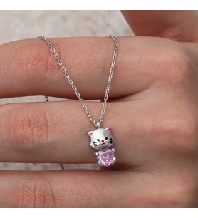 Gümüş Pembe Taşlı Sevimli Kedi Kadın Kolye