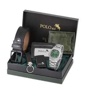 Polo Air Erkek Kemer Cüzdan Kartlık Anahtarlık Çakmak Kol Saati Hediyelik Kutusunda Set PL-0960E (Yeşil)