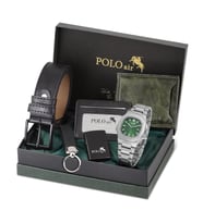 Polo Air Erkek Kemer Cüzdan Kartlık Anahtarlık Çakmak Kol Saati Hediyelik Kutusunda Set PL-0960E (Yeşil)