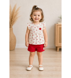 Kız Bebek Kiraz Desenli Müslin Şortlu Takım 9 Ay-3 Yaş - KIRMIZI / 9 AY