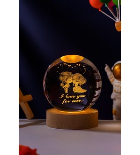 Ledli USB'li Ahşap Standlı Sevgili Çiftler I Love You Forever Temalı Kristal Küre Gün Işığı 3D Lamba (Karışık)