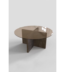 Yuvarlak Cam Orta Sehpa Taş Desen Kaplama Bronz Çap90cm