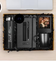 Kişiye Özel 500 ML Dereceli Termos & Kişiye Özel Defter & Deri Kılıflı Touch Pen Kalem & Siyah Kupa & Fotoğraf Çerçevesi Hediye Seti