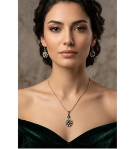 İNCİLİ TAŞLI ÇİÇEK ANTİK KOLYE KÜPE SET