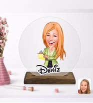 BK Gift Kişiye Özel Kadın Asistan Karikatürlü Yuvarlak Ahşap Standlı Biblo-2