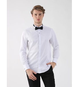 Beyaz Erkek Slim Fit Düz Ata Yaka Duble Manşetli Kol Gömlek
