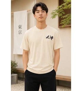 Erkek Ön Ve Arka Tokyo Kuş Çiçek Baskılı Oversize T-Shirt - Ekru
