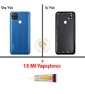 Infinix Hot 10İ Mavi Uyumlu Lensli Arka Kapak + B7000 Yapıştırıcı Arka Cam Batarya Pil Kapağı