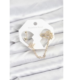 Kutup Yıldızı Model Pirinç Gold Renk Zincir Bağlantılı Ear Cuff Küpe Seti - TJ-BKP11550