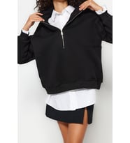 Oversize Dik Yaka Standart Geniş Kalıp Yarım Fermuarlı Kalın Polarlı Örme Sweatshirt