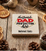 Kişiye Özel  Husband Dad Protector Hero Bardak Altlığı Babalar Günü Hediyesi (Krem)