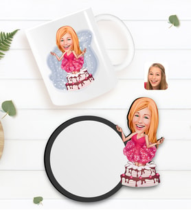 BK Gift Kişiye Özel Kadın Doğum Günü Karikatürlü Beyaz Kupa ve Ahşap Bardak Altlığı Hediye Seti-1
