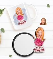 BK Gift Kişiye Özel Kadın Doğum Günü Karikatürlü Beyaz Kupa ve Ahşap Bardak Altlığı Hediye Seti-1