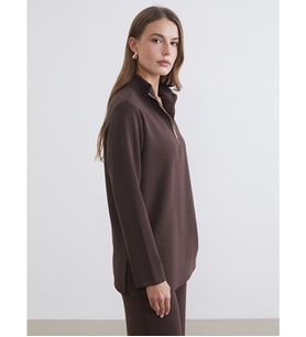 LCW EVERYDAY Kahverengi Dik Yaka Çizgili Oversize Kadın Tişört